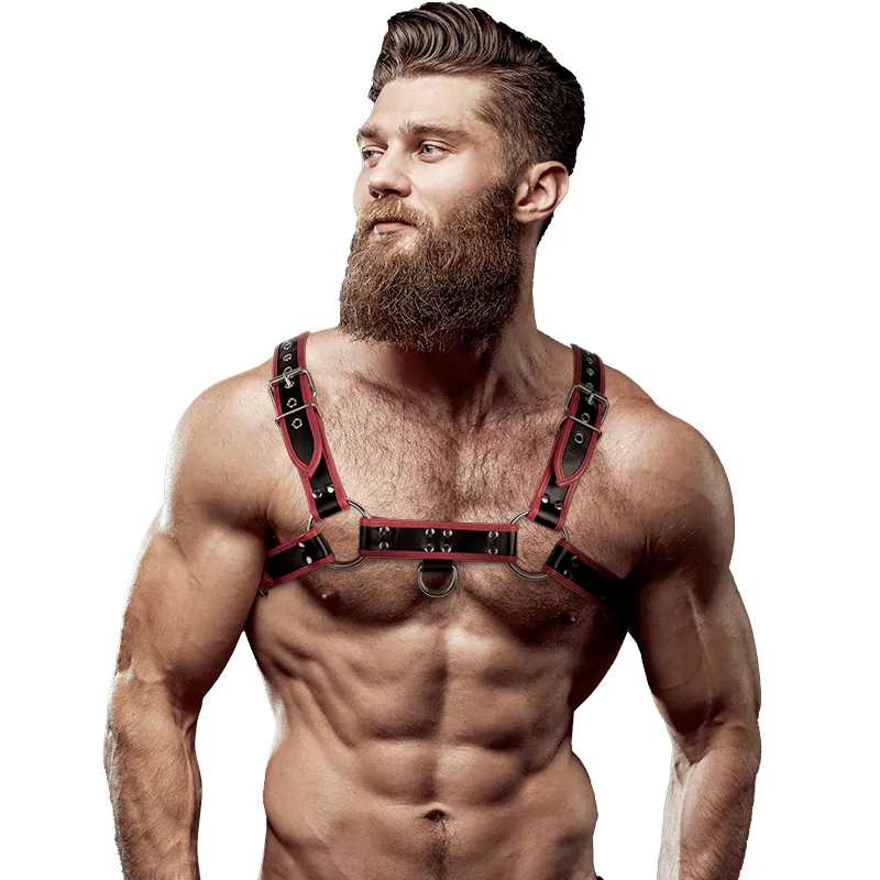 FETISH SUBMISSIVE ATTITUDE - HARNAIS DE POITRINE EN ÉCO-CUIR POUR HOMME NOIR/ROUGE