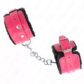 KINK - APPUI-POIGNETS DOUBLÉS DE FOURRURE PREMIUM NOIR AVEC CEINTURE ROSE FRAMBOISE AJUSTABLE 17-29 CM X 6 CM