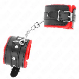 KINK - APPUI-POIGNETS DOUBLÉS DE FOURRURE PREMIUM ROUGE AVEC CEINTURE NOIRE RÉGLABLE 17-29 CM X 6 CM