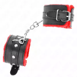 KINK - PREMIUM PELZGEFÜTTERTE HANDGELENKFESSELN ROT MIT SCHWARZEM GÜRTEL VERSTELLBAR 17-29 CM X 6 CM