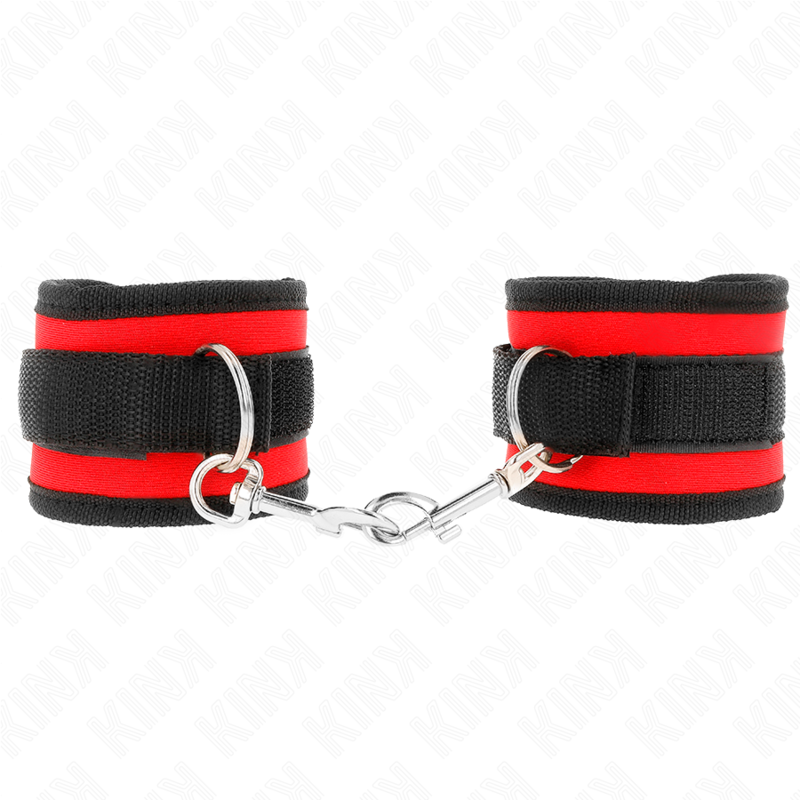 KINK - NYLON BIND HOOKLOOP WRIST RESTRAINTS RED-BLACK MODEL 2 ADJUSTABLE 18-35 CM X 6 CM