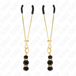 KINK - PINCES À TETON FINES OR AVEC 3 BILLES DE VERRE NOIR 7 CM