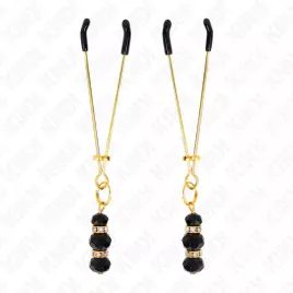 KINK - PINCES À TETON FINES OR AVEC 3 BILLES DE VERRE NOIR 7 CM