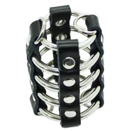 OHMAMA FETISH - CAGE PÉNIS AVEC ANNEAUX MÉTALLIQUES ET SANGLE EN CUIR