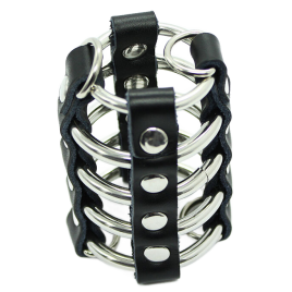 OHMAMA FETISH - GABBIA PER PENE CON ANELLI IN METALLO E CINTURINI IN PELLE