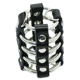 OHMAMA FETISH - CAGE PÉNIS AVEC ANNEAUX MÉTALLIQUES ET SANGLE EN CUIR