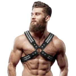 FETISH SUBMISSIVE ATTITUDE - HARNAIS EN CUIR ÉCOLOGIQUE POUR HOMMES POITRINE CROISÉE AVEC RIVETS