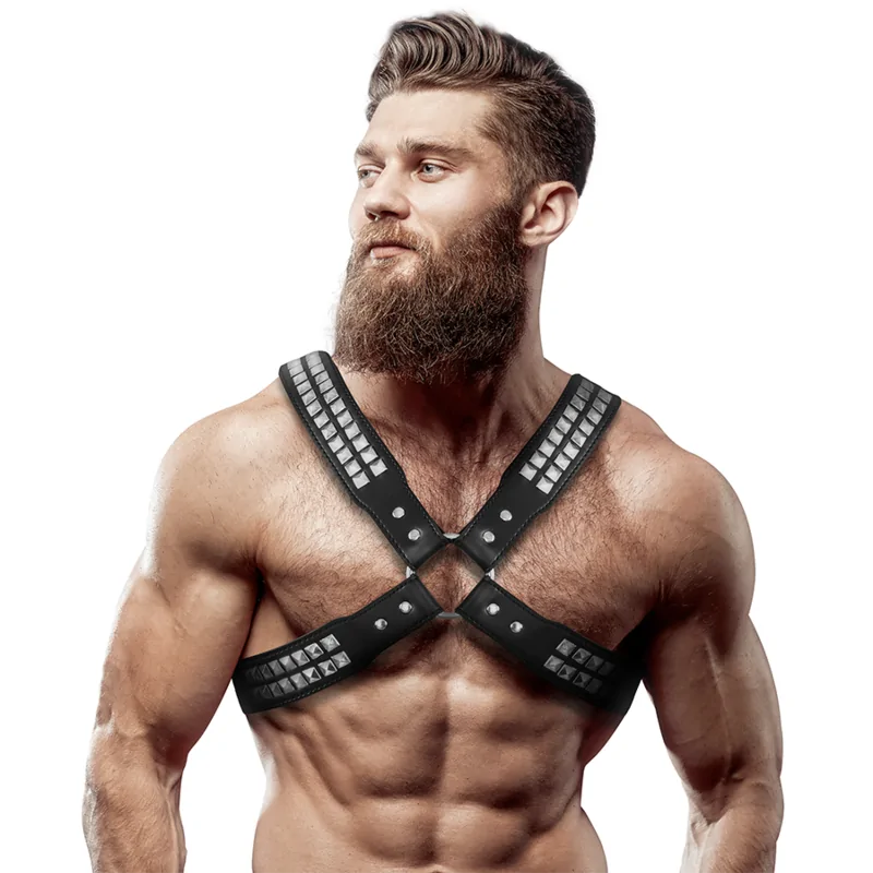 FETISH SUBMISSIVE ATTITUDE - MENS CROSSED CHEST ECO-LEATHER HARNESS WITH RIVETS FETISH SUBMISSIVE ATTITUDE - MENS CROSSED CHEST ECO-LEATHER HARNESS WITH RIVETS