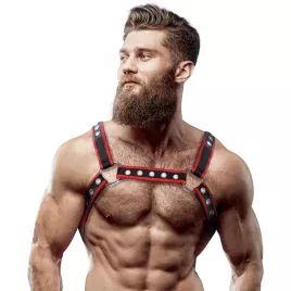 FETISH SUBMISSIVE ATTITUDE - HARNAIS DE POITRINE BULLDOG EN CUIR ÉCOLOGIQUE POUR HOMMES NOIR/ROUGE