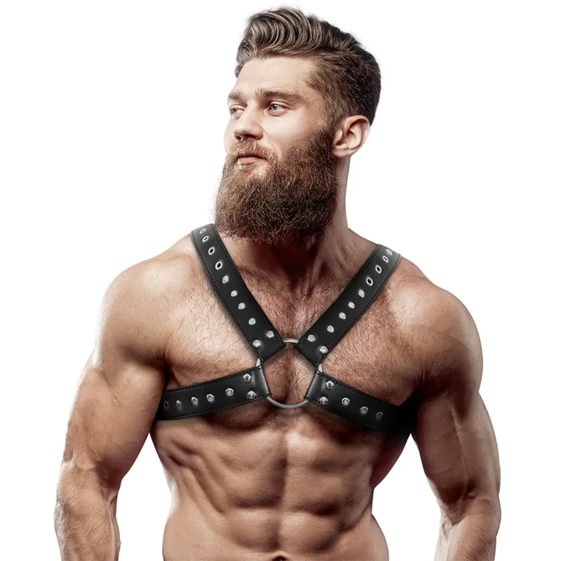 FETISH SUBMISSIVE ATTITUDE - HARNAIS DE POITRINE CROISÉ EN ÉCO-CUIR POUR HOMMES AVEC CLOUS FETISH SUBMISSIVE ATTITUDE - HARNAIS DE POITRINE CROISÉ EN ÉCO-CUIR POUR HOMMES AVEC CLOUS