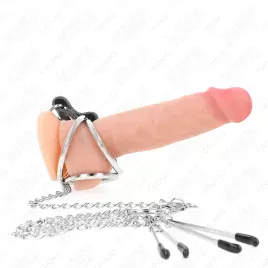 KINK - ANNEAU PÉNIS EN MÉTAL TRIPLE CHROME 3 CM À 4,5 CM AVEC CHAÎNE EN MÉTAL DE 26 CM ET PINCES À TÉTONS