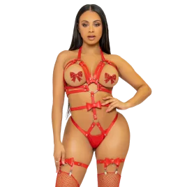 LEG AVENUE - KINK - IMBRACATURA CON O-RING CON BORCHIE TEDDY TAGLIA L - ROSSO