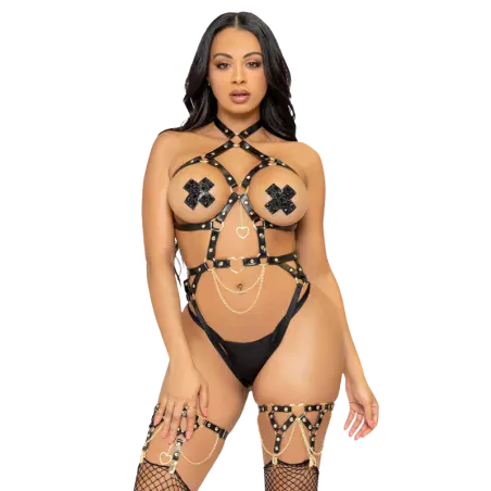 LEG AVENUE - KINK - HEART RING HARNESS TEDDY SIZE L - BLACK