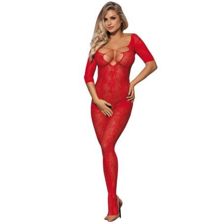 SUBBLIME - 951825 BODYSTOCKING RÉSILLE SANS FOURCHE MOTIF ROSES ROUGES XS/M