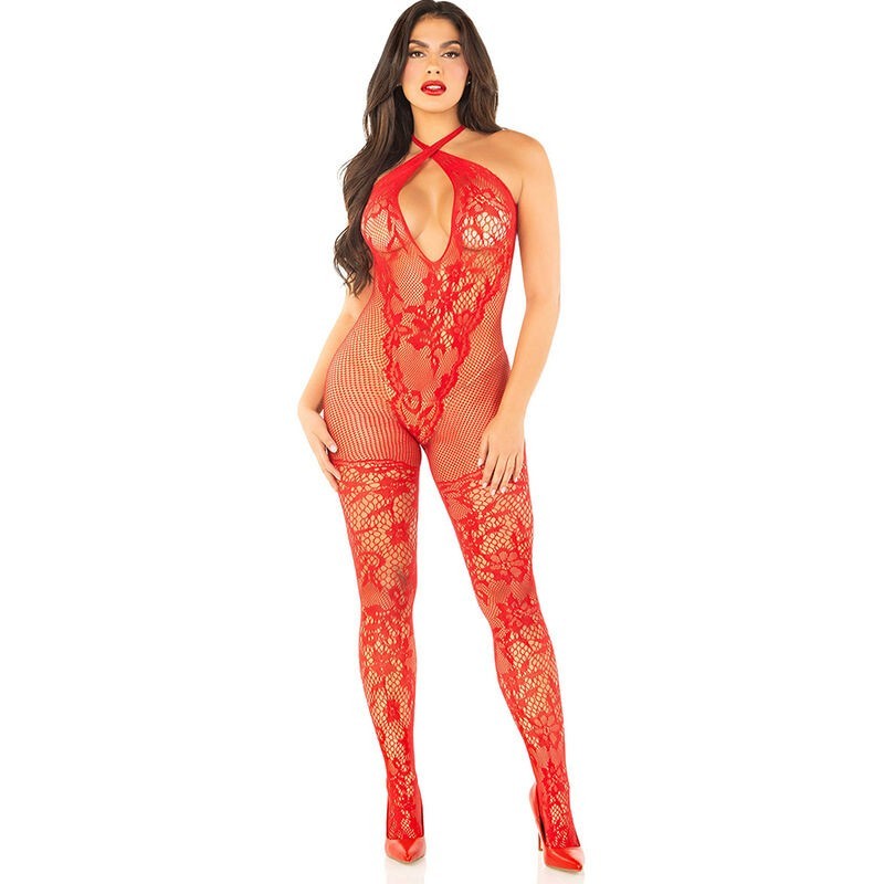 LEG AVENUE - FLOWER PRINT MESH BODYSTOCKING RED ONE SIZE LEG AVENUE - FLOWER PRINT MESH BODYSTOCKING RED ONE SIZE