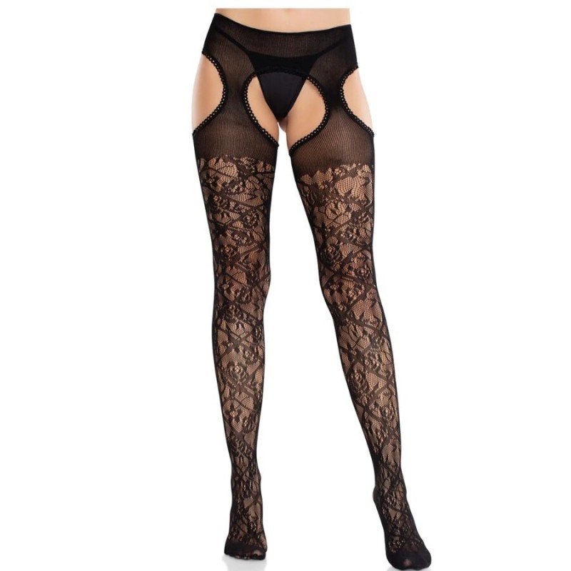 LEG AVENUE - BLUMENSPITZENSTRÜMPFE MIT STRUMPFBÄNDERN UNITED BLACK LEG AVENUE - BLUMENSPITZENSTRÜMPFE MIT STRUMPFBÄNDERN UNITED BLACK