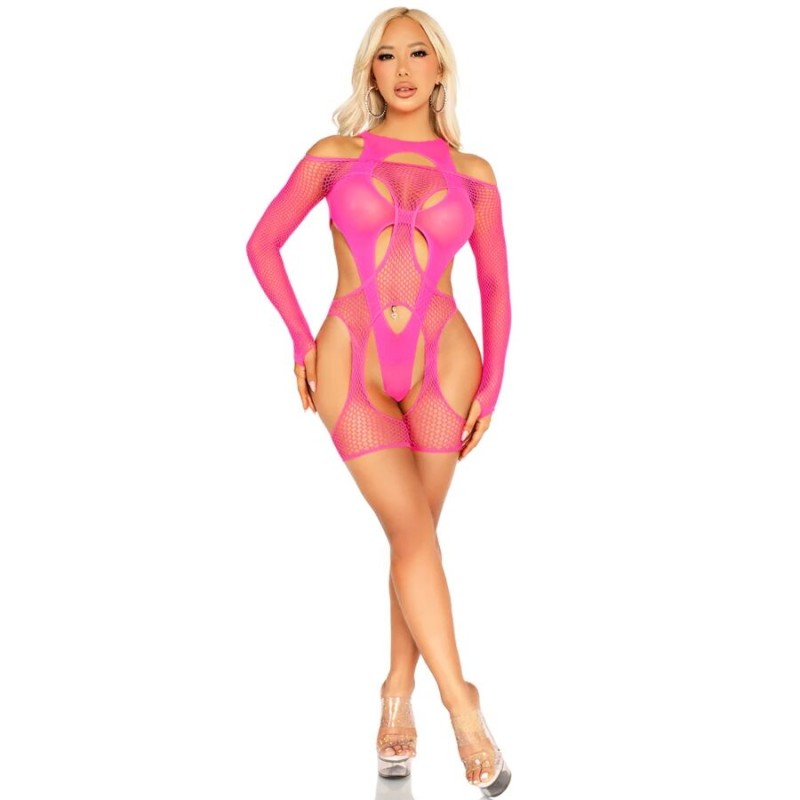 LEG AVENUE - FISHNET BODYSTOCKING WITH GARTER BELT AND HARNESS NEON PINK LEG AVENUE - FISHNET BODYSTOCKING WITH GARTER BELT AND HARNESS NEON PINK