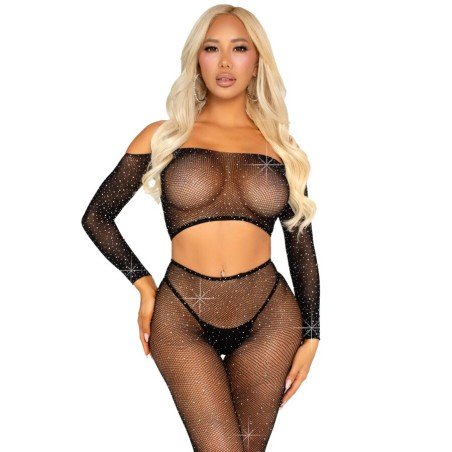 LEG AVENUE - CROP TOP E LEGGING A RETE CON STRASS NERO