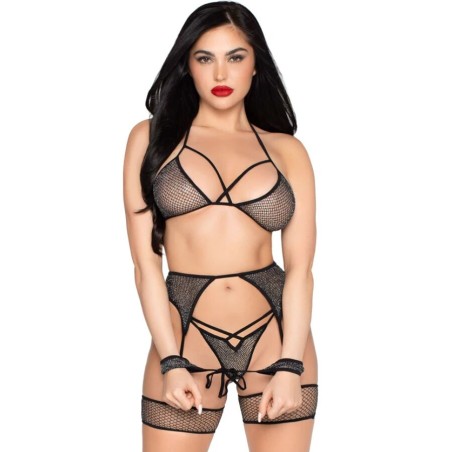LEG AVENUE - 89362 TOP + THONG+ GARTER BELT + HANDCUFFS SET BLACK - ONE SIZE