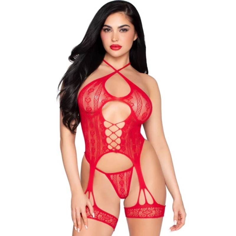 LEG AVENUE - 89338 OFFENER SPITZEN-Bodysuit MIT STRUMPFGÜRTEL + STRING ROT - EINE GRÖSSE LEG AVENUE - 89338 OFFENER SPITZEN-Bodysuit MIT STRUMPFGÜRTEL + STRING ROT - EINE GRÖSSE