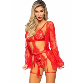 LEG AVENUE - 86123 TEDDY + GARTER ROBE SET RED SIZE S